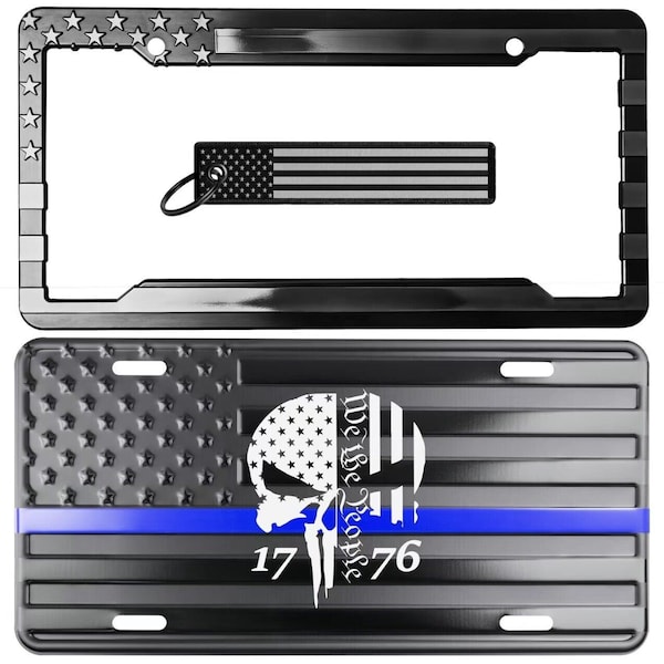 We the people thin blue line american flag license plate & frame key chain combo