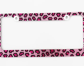 Pink Leopard Crystal License Plate Metal Frame for Car Includes Screw Caps