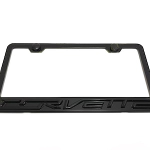 3D Black Corvette Emblem Black Powder Coated Metal Steel License Plate Frame Holder Black Trim