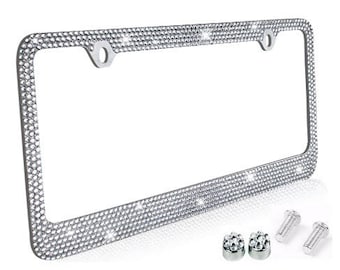 Rhinestone License Plate Frame, Chrome/Metal 12 Row Bling Frames Diamond Crystal Glitter Auto Accessory, Custom Decor for Car Truck Van SUV