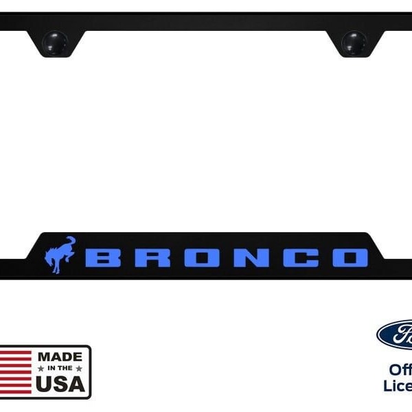 Ford bronco universal unbreakable black license plate frame - blue logo