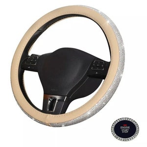 15&quot; bling pu leather steering wheel cover crystal rhinestone skidproof beige