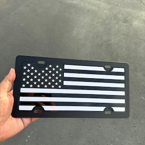 American Flag Black and White Vanity License Plate (Blacked Out Tactical Premium) Black Mirror and Opaque Laser Cut Acrylic