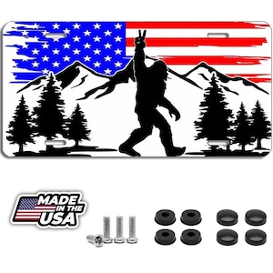 Sasquatch american flag license plate - patriotic bigfoot car tag