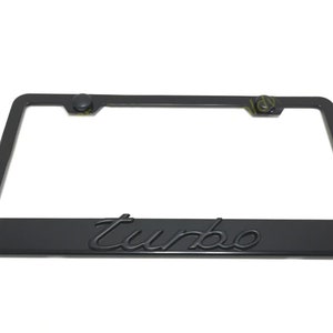 3D Black TURBO Emblem Black Powder Coated Metal Steel License Plate Frame Holder For 911 Carrera, Cayenne, Panamera, Macan, Taycan