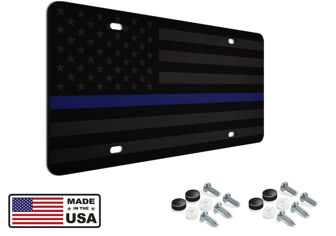 Tactical Thin Blue line American Flag License Plate Matte Black USA Graphics | eBay