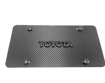 3D Black Toyota Emblem Badge Carbon Fiber Style Aluminum Vanity Front License Plate Black Trim