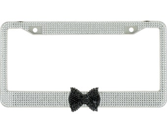 7 Rows of Crystal Diamond Rhinestone Bling License Plate Frame with Center Black Bow Matching cap covers