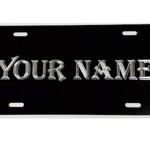 Custom personalized name in bold diamond etched engraved license plate car tag