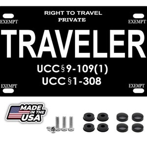 Traveler right to travel on black motorcycle aluminum license plate 4 x 7