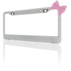 BLVD Pink Crystal Rhinestone License Plate Frame – Chrome Metal With Pink Ring Emblem & Caps