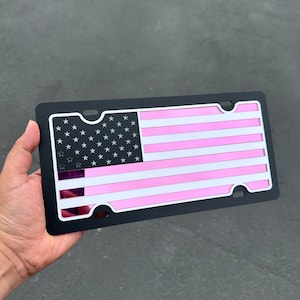American Flag Pink and White Vanity License Plate (Blacked Out Tactical Premium) Black Mirror and Opaque Laser Cut Acrylic