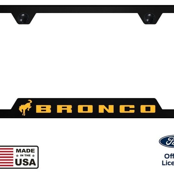 Ford bronco universal unbreakable black license plate frame - orange logo