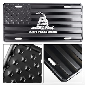 Gadsden don&#39;t tread on me american flag license plate tag embossed/laser etched.