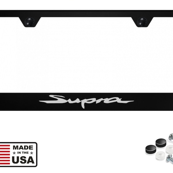 Supra Laser Engraved Black Stainless Steel License Plate Frame Including Mounting Hardware