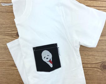 T-shirt avec poche fantôme effrayant : t-shirt drôle slasher méchant