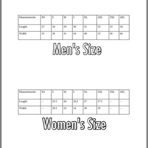 May include: A chart showing measurements for different sizes of clothing. The chart is divided into two sections: Men's Size and Women's Size. Each section lists the measurements for length and width in inches for sizes XS, S, M, L, XL, 2XL, 3XL, and 4XL.