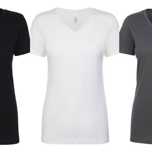 May include: Three V-neck t-shirts in black, white, and gray.