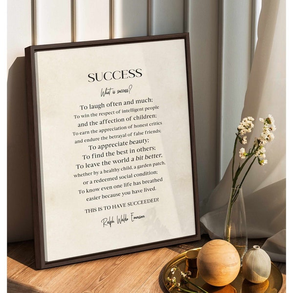 Success Poem by Ralph Waldo Emerson on Framed Canvas, Inspirational Quote Wall Art, Literary Quote Print, Framed Office and Home Decor