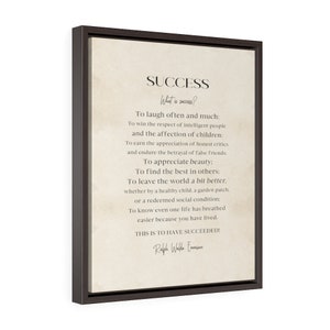 Success Quote by Ralph Waldo Emerson on Framed Canvas with Vintage Parchment Style Background - 16"x20"