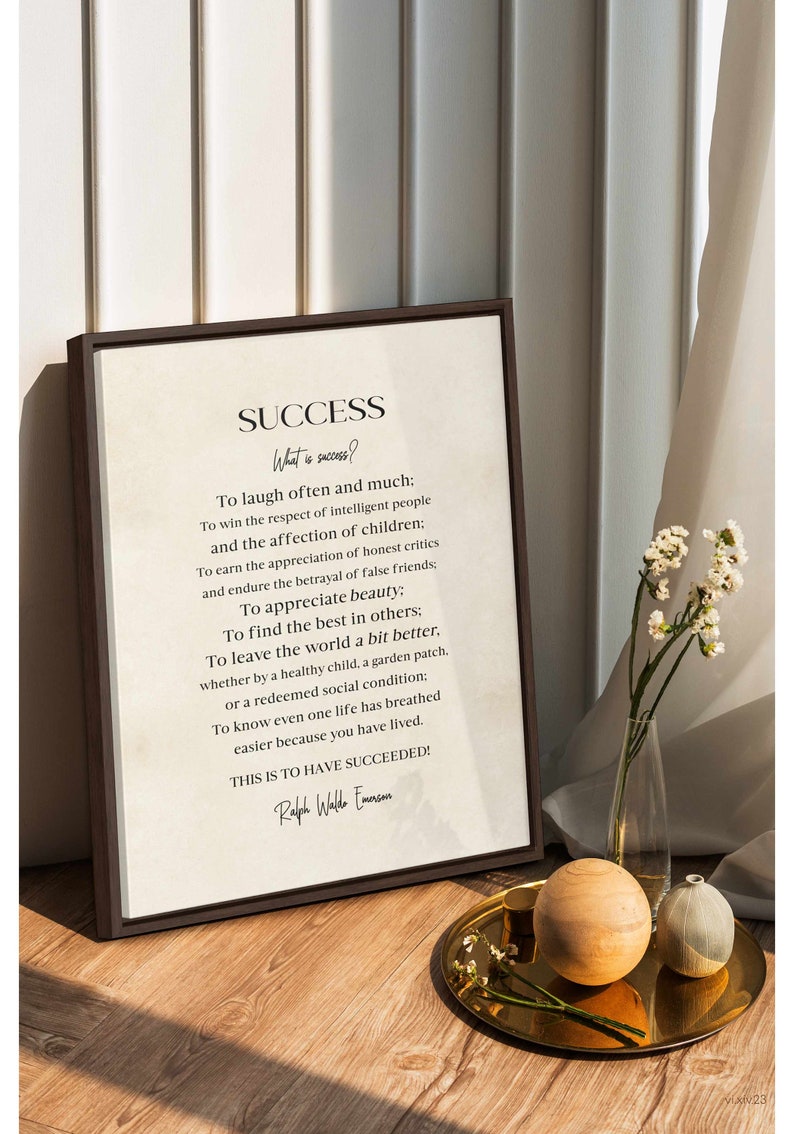 Success Quote by Ralph Waldo Emerson, FRAMED Poem, Inspirational Quote Wall Art, Literary Quote Print, Framed Canvas Office and Home Decor image 2