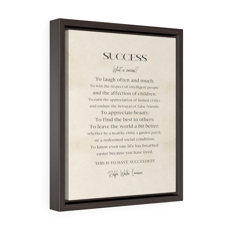 Success Quote by Ralph Waldo Emerson on Framed Canvas with Vintage Parchment Style Background - 11"x14"
