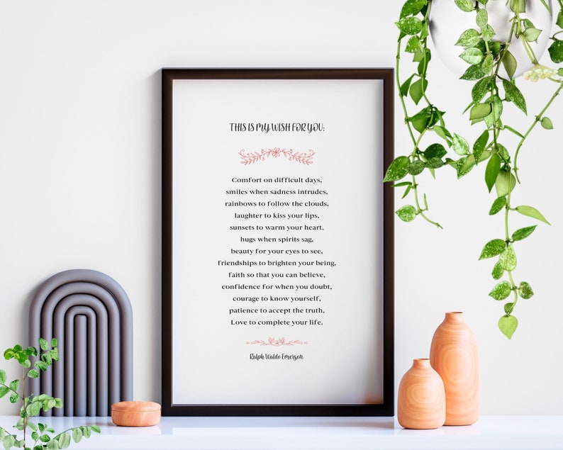 Puede incluir: Una impresi&oacute;n enmarcada con un marco negro y un fondo blanco. La impresi&oacute;n presenta un poema sobre deseos, con el texto "This is my wish for you." en la parte superior. El poema est&aacute; escrito en una fuente cursiva y est&aacute; centrado en la p&aacute;gina. El poema trata sobre desear consuelo, sonrisas, arco&iacute;ris, risas, puestas de sol, abrazos, belleza, amistades, fe, confianza, coraje, paciencia y amor.