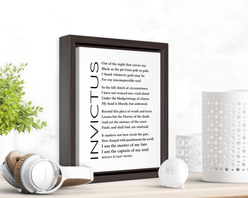 Invictus Poem on Framed Canvas by William Ernest Henley, Inspirational Wall Art, Empowering Gifts for Colleague's Job Promotion, Son or Daughter's College Graduation and more - 8x10 10x10, square or vertical