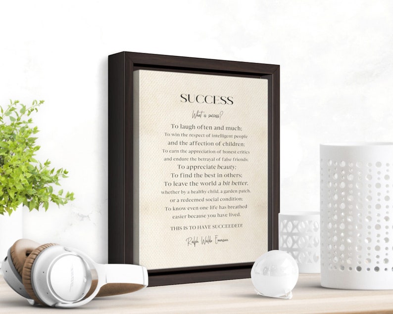 Success Quote by Ralph Waldo Emerson, FRAMED Poem, Inspirational Quote Wall Art, Literary Quote Print, Framed Canvas Office and Home Decor image 1