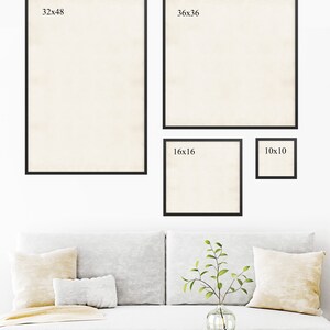 May include: Four black picture frames of different sizes hanging on a white wall. The frames are empty and have a white background. The frames are labeled with their dimensions: 32x48, 36x36, 16x16, and 10x10.