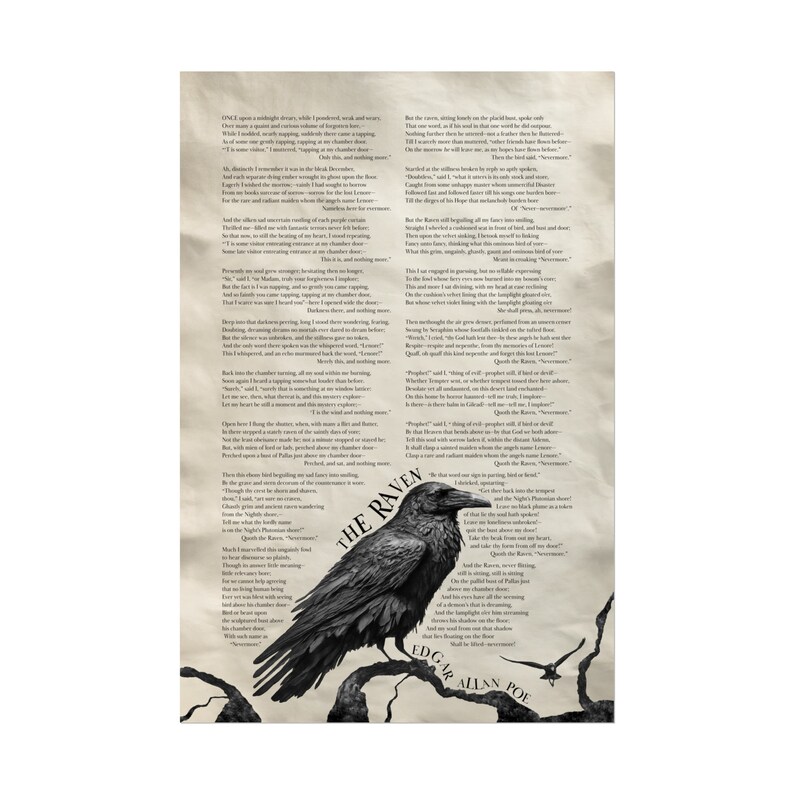 A fine art poster of The Raven poem by Edgar Allan Poe on a white background.