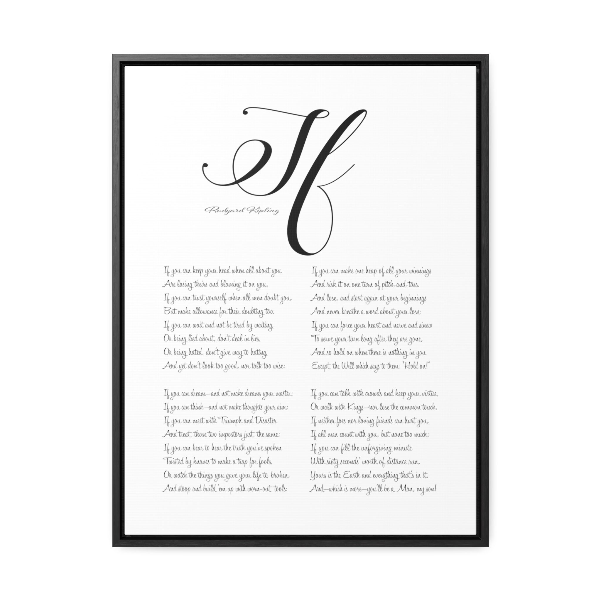 If Poem on Large Framed Canvas, Quote Print by Rudyard Kipling, Gift for Son, Gift for Him, Inspirational Quote, Black and White Framed Art