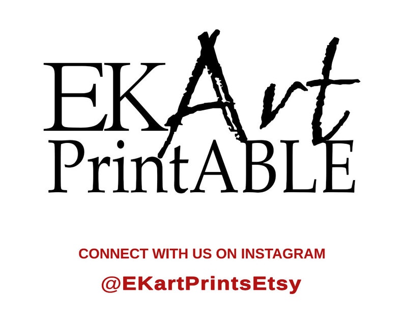 Puede incluir: Logotipo en blanco y negro con el texto "EKart Printable" y el texto "CONNECT WITH US ON INSTAGRAM @EKartPrintsEtsy" en rojo.