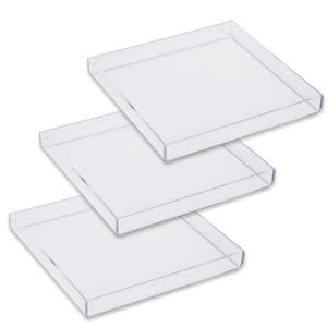 May include: Three clear acrylic square trays stacked on top of each other. The trays are made of a clear, durable plastic and are perfect for organizing and displaying items.