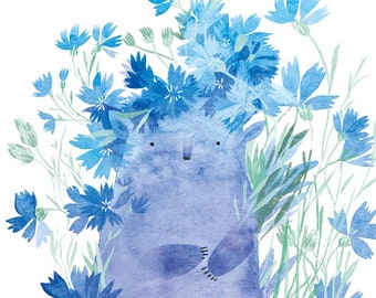 Cornflower Tukoni Watercolor Art Print - Cute Art Print - Flower Nursery Decor - Children Illustration - Wall Decor - Aquarelle