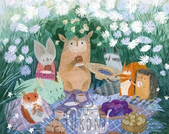 Summer Picnic Tukoni with Friends, Woodland Kids Room Decor, Children Illustration Print, Nursery Wall Art Print, Animal Tea Party