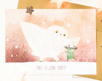 Postal navideña Esta es nuestra tarjeta de felicitación de fiesta Animal lindo Búho blanco Tarjeta de acuarela Regalo de año nuevo Pájaro bosque postcrossing Búho danzante
