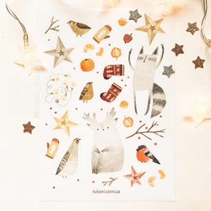 Pegatinas de año nuevo, pegatinas de animales, juego de pegatinas de bosque, hoja de pegatinas de bosque, pegatinas de perdiz de mapache, planificador de estrellas, regalo de invierno botánico