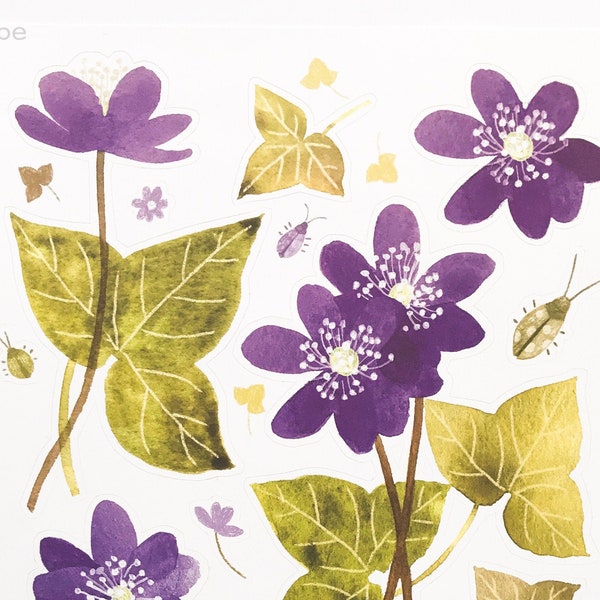 Blue Flower Stickers Sheet Hepatica, Watercolor Flowers, Cute Stationary Stickers, Matte Vinyl Journal Stickers, Tukoni