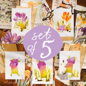 Lot de cinq cartes postales, cartes postales illustrées crocus, petit cadeau, mini impression, cartes de voeux, tukoni