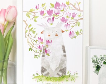 Magnolia art print A4 magnolia poster A3 animal poster flower print bloom poster flowers nursery deer print forest spirit print woodland art