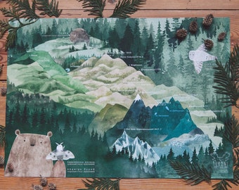 Carte des montagnes des Carpates, Ukraine Carpates Carte, Illustration enfants, Chambre des enfants, Décor mural de pépinière, Tukoni