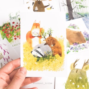 Time to wake up badger postcard, Spring illustration, Greeting postcard, Watercolor card, Woodland illustration