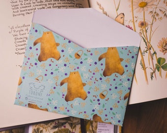 Cute Envelope with Bear and BlueBerries, Bear Stationery, Cute Envelopes, Stationary Envelope, Funny Bear Art, Cash Envelope, Tukoni