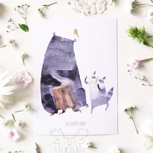 Cartolina OH HAPPY DAY acquerello animali orchestra Orso il musicista Raccoon Robin Animal nursery biglietto d'auguri carino cancelleria animale card