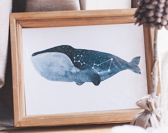 Whale art print watercolor whale illustration poster cetus constellation poster a3 constellation print a4 cetus print animal poster cosmic