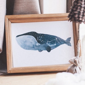 Impresión artística de ballenas, Ilustración de ballenas en acuarela, Póster de constelación de cetus, Póster de constelación a3, Impresión de constelación de cetus a4, Póster de animales cósmicos