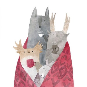 Tukoni y amigos beben té Cartel a4/a3 Impresión de arte animal Vivero de animales Acuarela animal Vivero arte Café arte impresión Acogedor hogar habitación para niños