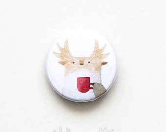 Tukoni with red cup button Animal button badge Pin Animal jewelry Tukoni pinbacks buttons cute buttons cute pin deer button tea badge wood