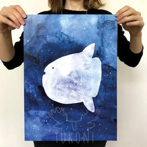 May include: A watercolor print of a white moonfish silhouette on a dark blue background with white stars. The fish is outlined with a constellation of stars. The print has the text "TUKONI" at the bottom.
